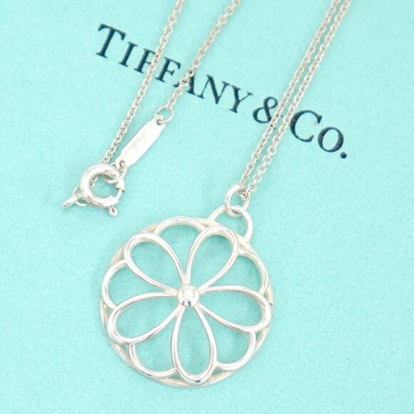 Tiffany & Co. Diamond Flower Circle Necklace 16" Silver 925 Auth w/Bag #24588 - Picture 1 of 7